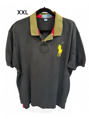Ralph Lauren Black Polo with Olive Collar Large Yellow Pony XXL